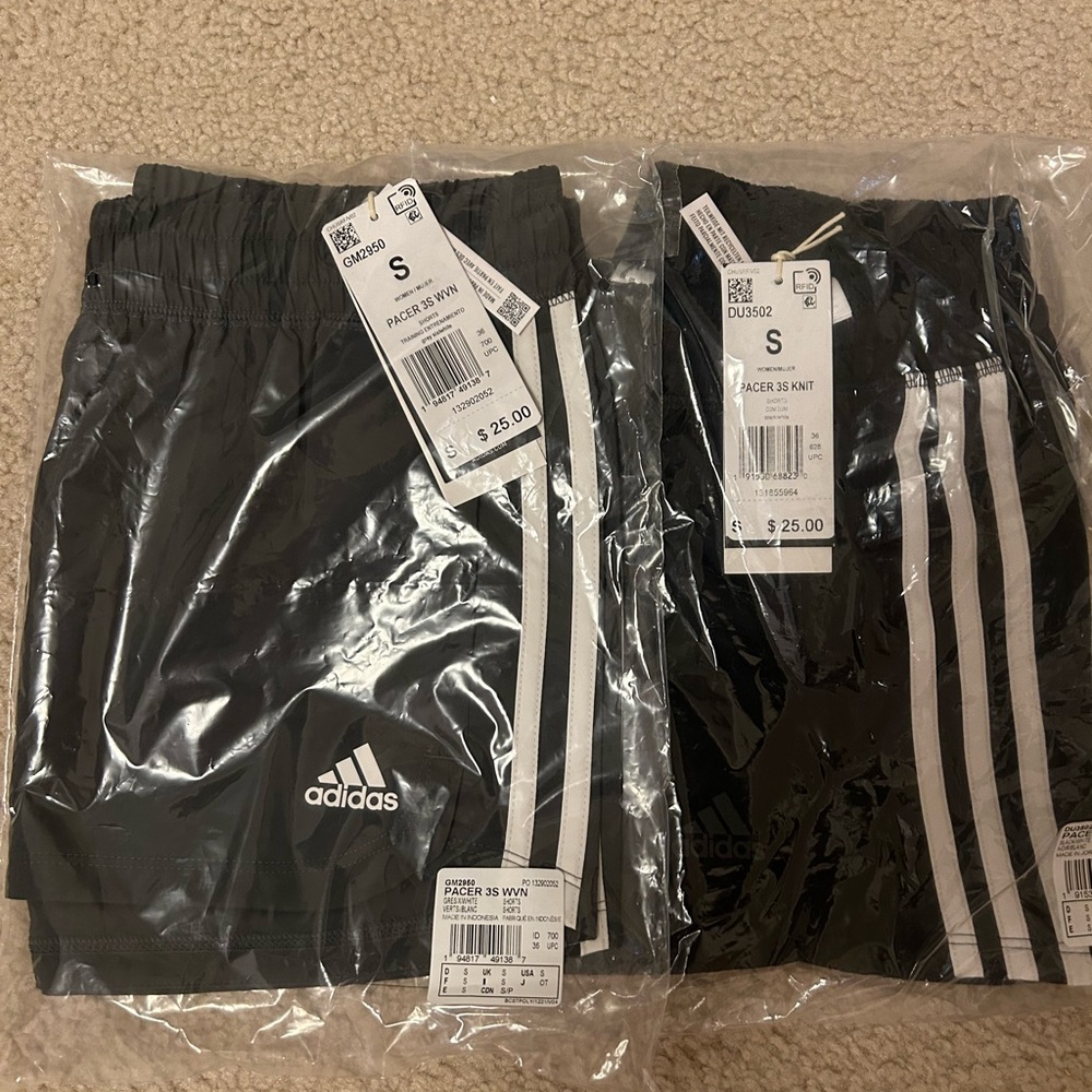 2 Pairs of Adidas Pacer Running Shorts Black/Grey Size Small